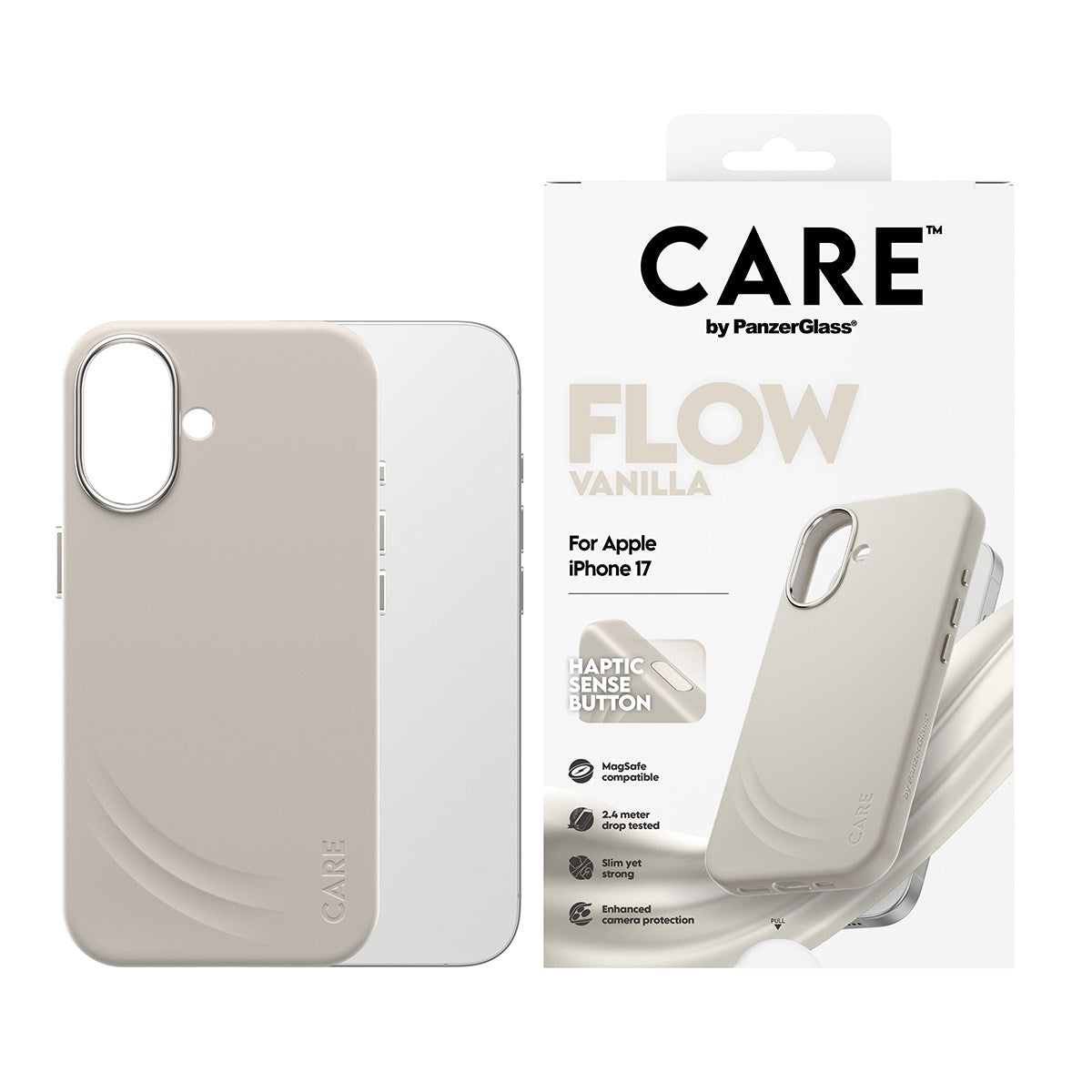 CARE by PanzerGlass® Feature FLOW Case Vanilla m. Cutout for Haptic & MagSafe iPhone 17